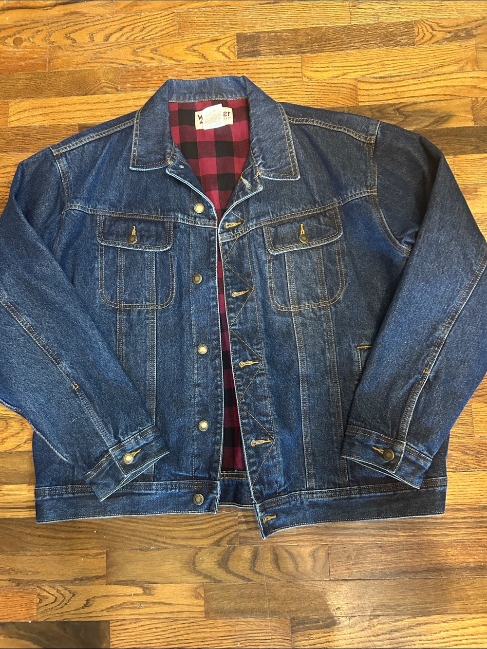 Wrangler Blue Denim Bomber Jacket with Red Plaid Lining